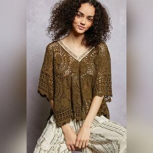 #1159 POL Olive Meadow Crochet Boho Top